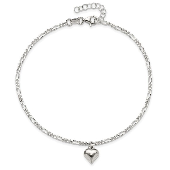 925 Sterling Silver Polished Heart Charm 9 in + 1" ext. Summer Jewelry Anklet - Picture 5 of 7